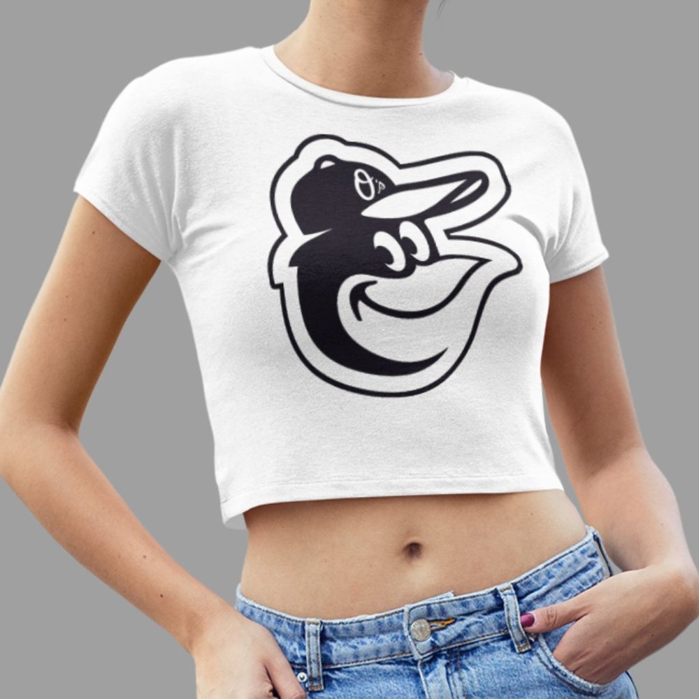 NEW Baltimore Orioles Mascot Team Color Pop Form Fit Crop Top Shirt WHITE